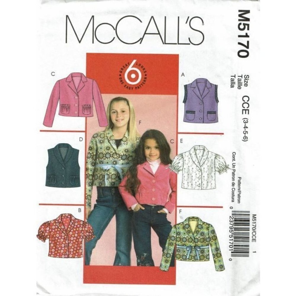 McCalls Sewing Pattern 5170 Vest Jacket Shirt Girls Size 3-6